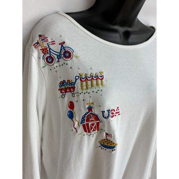 Vintage Quaker Factory White Embroidered Blouse USA Quirky Size L Novelty Funky - Picture 2 of 11